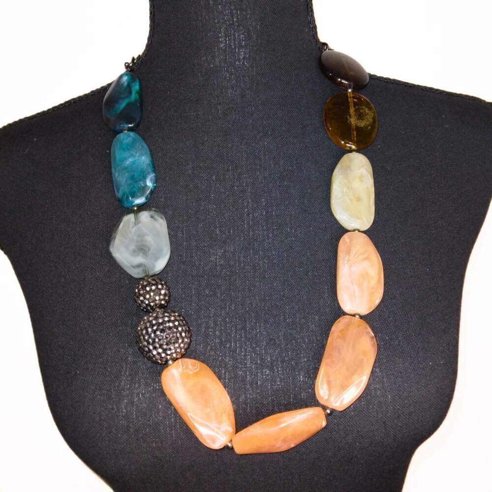WOMEN'S NECKLACE BULKY BEADED EARTH TONE STONES W/GRAPHITE CRYSTAL BALLS